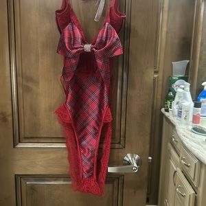 Victoria’s Secret Size Small Red Plaid Lace Teddy. Bow with Rhinestones.